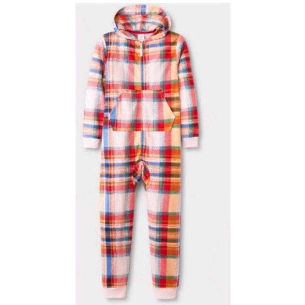 NWT Cat & Jack Pajamas Girls Printed Union Suit Pink Plaid Hooded Size L 10-12